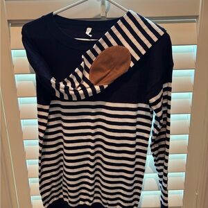 Navy and White Striped maternity Sweater with Elbow Patch